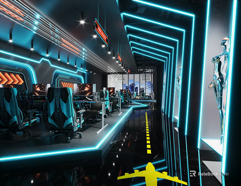Modern Cyber Cafe Interior Design With Neon Lights Gaming Computers And Comfortable Seats 3d model 