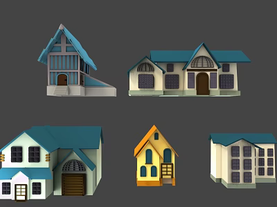 Various Architectural House Models Featuring Different Roof Styles And Design Elements 3d model