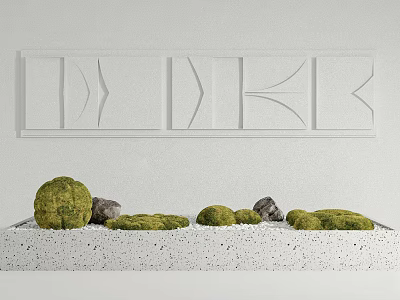 Mini Garden Decor With Green Moss Stones On Speckled Countertop And Geometric Wall Panel 3d model