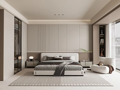 Modern Bedroom Interior With Comfortable Bed Nightstand Textured Wall And Area Rug 3d model