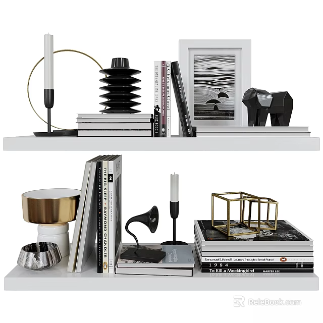 Stylish Decorative Ornaments Combination With Books Candle Holders Geometric Sculptures And Metallic Shelf Decor 3d model 
