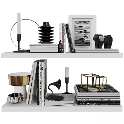 Stylish Decorative Ornaments Combination With Books Candle Holders Geometric Sculptures And Metallic Shelf Decor 3d model