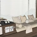Cozy Window Seat Interior with White Blinds Green Plant Pillows and Bookshelf