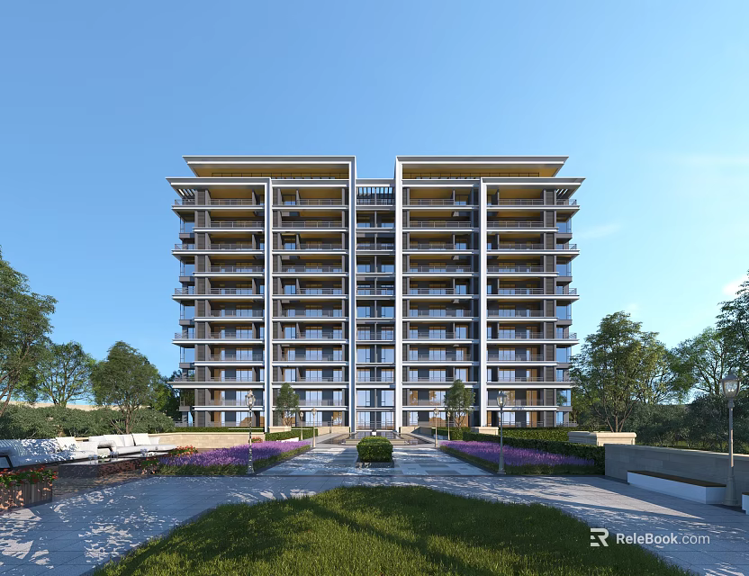 Modern Multi Storey Residential Building Surrounded By Greenery Lawn And Flower Beds Under Blue Sky 3d model 