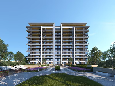 Modern Multi Storey Residential Building Surrounded By Greenery Lawn And Flower Beds Under Blue Sky 3d model