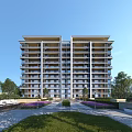 Modern Multi Storey Residential Building Surrounded By Greenery Lawn And Flower Beds Under Blue Sky