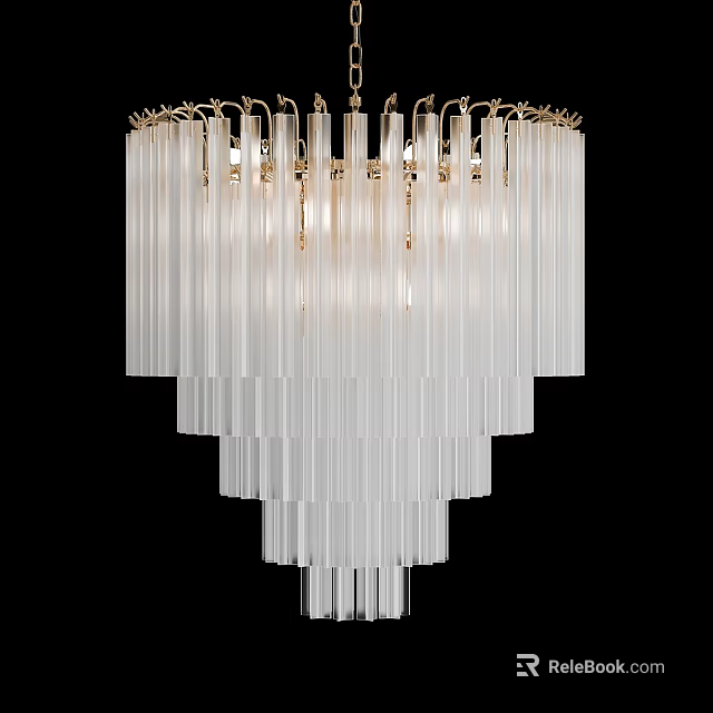 Modern Layered Transparent Glass Strip Chandelier With Gold Frames And Illuminated Glow 3d model 