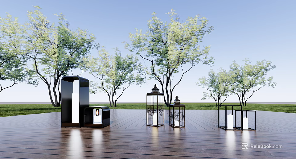 Outdoor Lights With Traditional Lanterns Slim White Posts And Modern Black Fixtures On Wooden Deck 3d model 