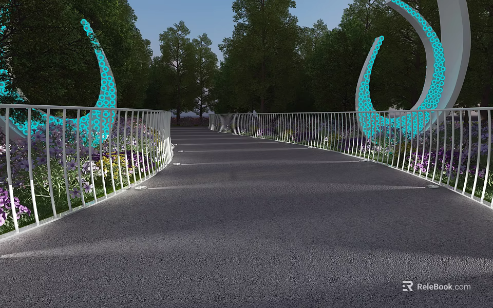 Scenic Bridge With White Railings Blue Curved Decorations Green Trees And Purple Flowers 3d model 
