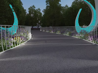 Scenic Bridge With White Railings Blue Curved Decorations Green Trees And Purple Flowers 3d model