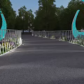 Scenic Bridge With White Railings Blue Curved Decorations Green Trees And Purple Flowers