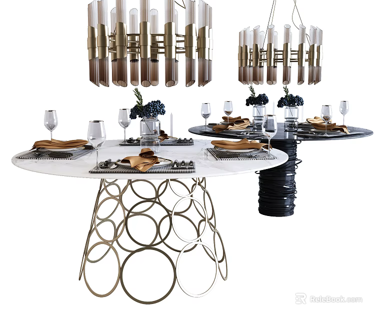 Elegant Round Dining Table With Gold Circular Legs Glassware And Blue Flower Vase 3d model 
