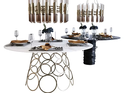 Elegant Round Dining Table With Gold Circular Legs Glassware And Blue Flower Vase 3d model