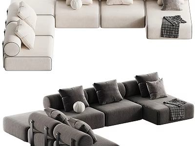 Modern Sectional Sofa In Beige And Dark Gray With Decorative Pillows And Throw Blanket 3d model