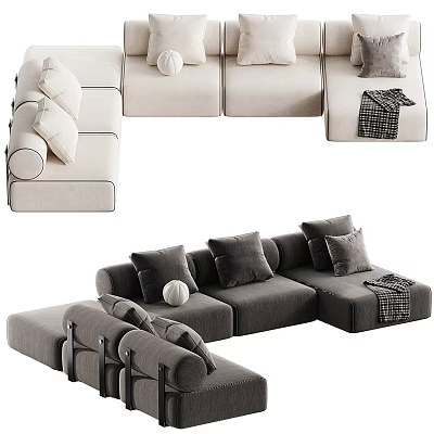 Modern Sectional Sofa In Beige And Dark Gray With Decorative Pillows And Throw Blanket 3d model