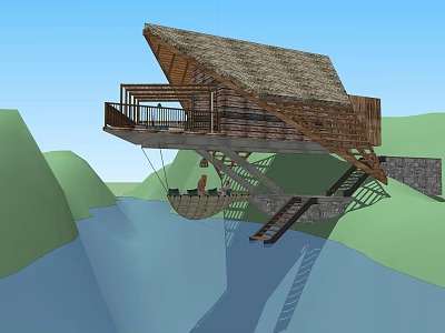 Detached Villa with Thatched Roof and Wooden Balcony Over Water Surrounded by Green Mountains 3d model