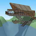 Detached Villa with Thatched Roof and Wooden Balcony Over Water Surrounded by Green Mountains