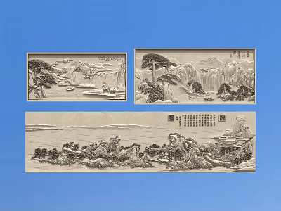 Exquisite Traditional Chinese Landscape Carvings With Mountains Rivers Trees And Figures 3d model