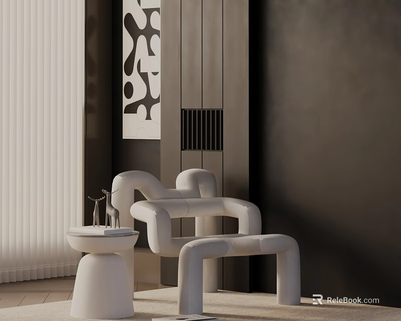 Modern White Accent Chair With Side Table Abstract Artwork And Dark Wall 3d model