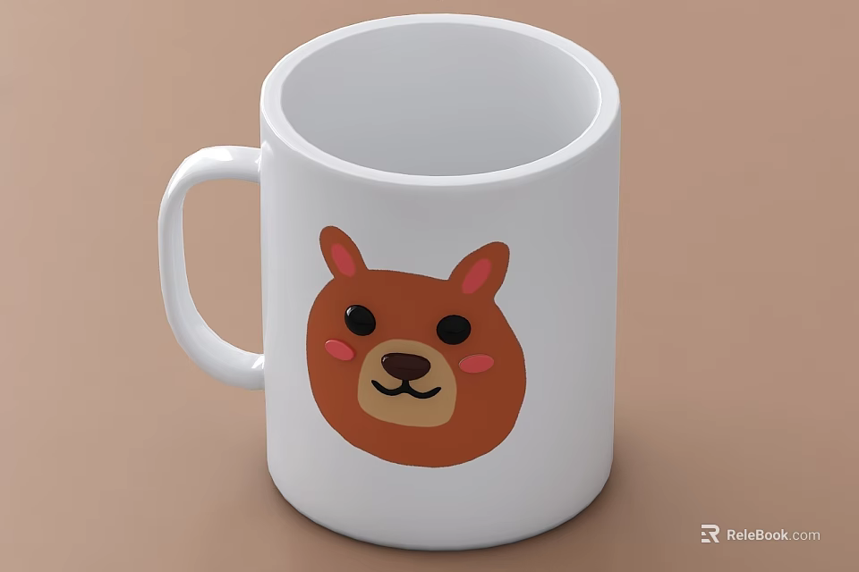 White Ceramic Cup Featuring Cute Brown Bear Face Design With Pink Cheeks 3d model