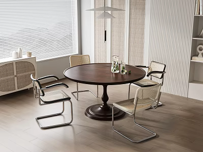 Modern Round Wooden Dining Table Set With Metal Frame Chairs And Window Blinds 3d model