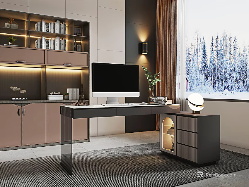 Modern Office Desk With Bookshelf Computer Monitor Plant And Snowy Forest View 3d model 