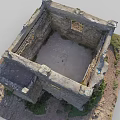 Ancient Stone Ruin Building Model On Black Square Base With Grass And Dirt