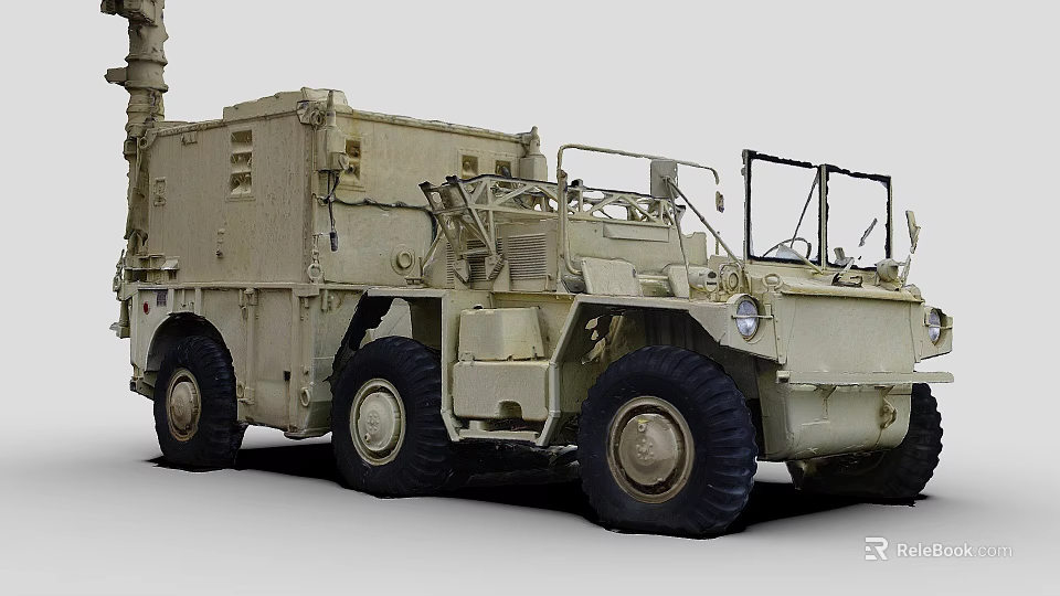 Beige Military Truck With Large Cargo Body And Multiple Rugged Wheels 3d model 