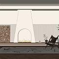 Modern White Fireplace With Flames In Living Room Striped Wallpaper Painting Brown Chair Potted Plant And Rug
