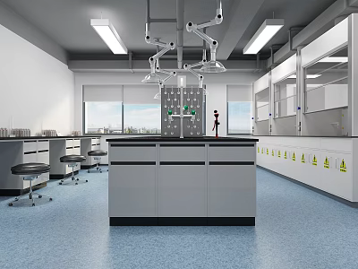 Modern Laboratory Interior With Lab Benches Workstations And Overhead Lighting 3d model