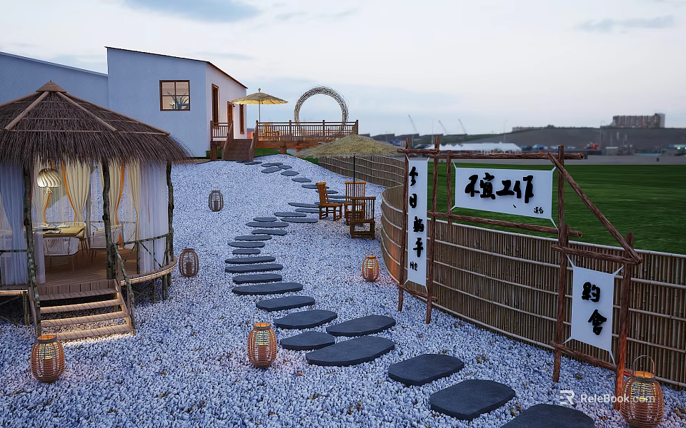 Serene Garden Landscape Featuring White Building Thatched Pavilion Stone Path Bamboo Fence Lanterns And Pebble Ground 3d model 