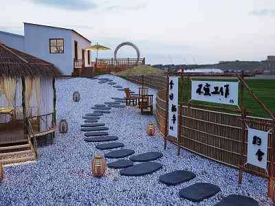 Serene Garden Landscape Featuring White Building Thatched Pavilion Stone Path Bamboo Fence Lanterns And Pebble Ground 3d model