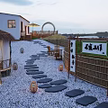 Serene Garden Landscape Featuring White Building Thatched Pavilion Stone Path Bamboo Fence Lanterns And Pebble Ground