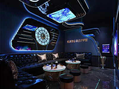 Modern Stylish KTV Interior With Neon Lights Leather Sofa Round Tables And LED Screens 3d model