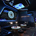 Modern Stylish KTV Interior With Neon Lights Leather Sofa Round Tables And LED Screens