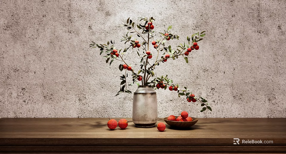 Vase With Red Berries And Green Leaves On Wooden Table Against Gray Textured Wall 3d model 