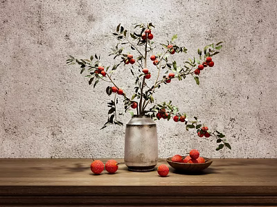 Vase With Red Berries And Green Leaves On Wooden Table Against Gray Textured Wall 3d model