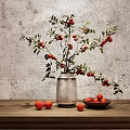 Vase With Red Berries And Green Leaves On Wooden Table Against Gray Textured Wall