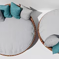 Modern Round Woven Rattan Single Sofa With Gray And Teal Decorative Cushions