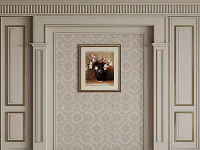 Elegant Bedroom Accent Wall With Decorative Moldings And Framed Floral Painting On Patterned Wallpaper 3d model