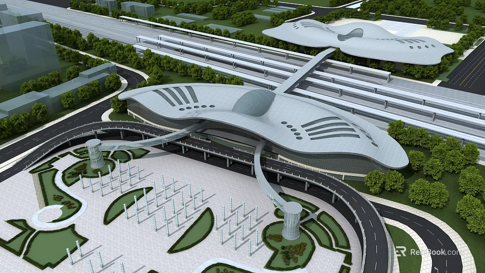 Modern Architectural Structure With Streamlined Roof Design Solar Panel Arrays And Surrounding Greenery Roads 3d model 