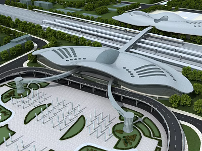 Modern Architectural Structure With Streamlined Roof Design Solar Panel Arrays And Surrounding Greenery Roads 3d model