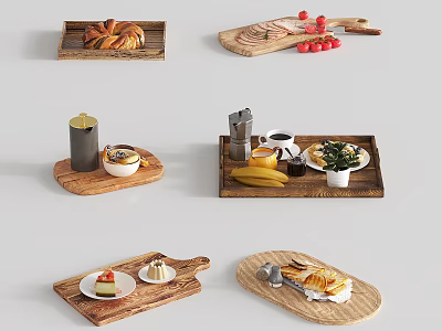 Assorted Wooden Trays With Food Desserts And Drinks 3d model
