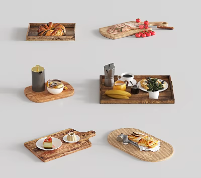 Assorted Wooden Trays With Food Desserts And Drinks 3d model