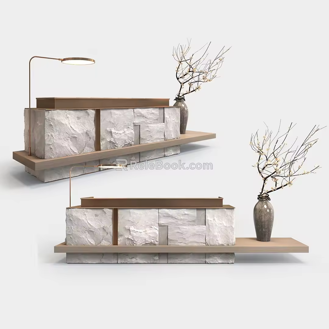 Japanese-style Reception Front Desk New Chinese-style Reception Front Desk Hotel Front Desk Stone Front Desk Dry Branches 3d model