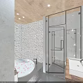 Hotel Bathroom Interior With Stone Wall Glass Shower And Bathtub With Petals Wooden Ceiling