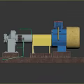 Industrial Mechanical Equipment With Gray Yellow Blue Components And Green Pipes On Brown Base