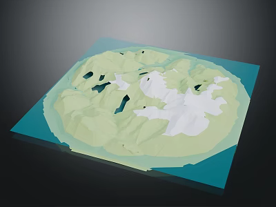 3D Island Terrain Model Featuring Green Mountainous Areas White Regions Black Patches and Blue Base 3d model