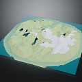 3D Island Terrain Model Featuring Green Mountainous Areas White Regions Black Patches and Blue Base