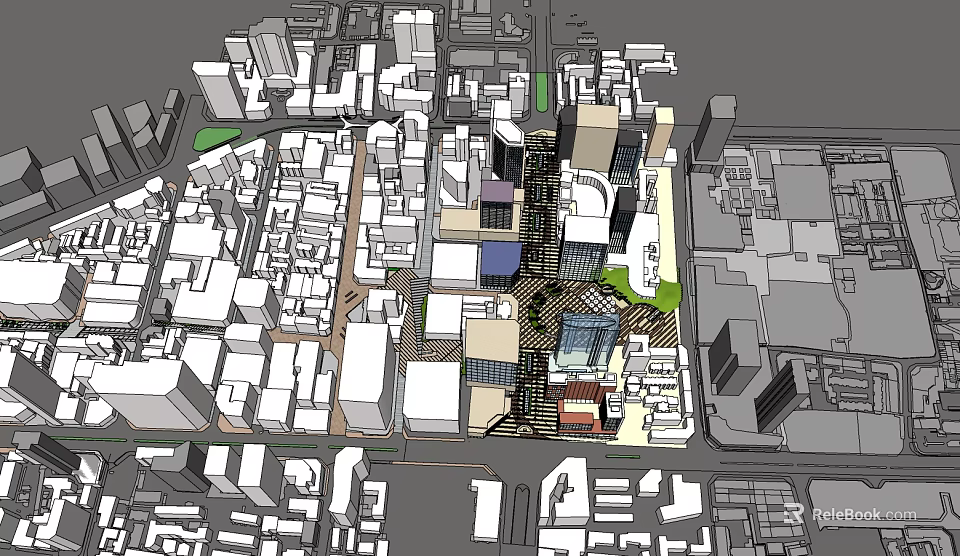 Modern Commercial Street with High Rise Buildings Pedestrian Walkways and Green Spaces 3d model 